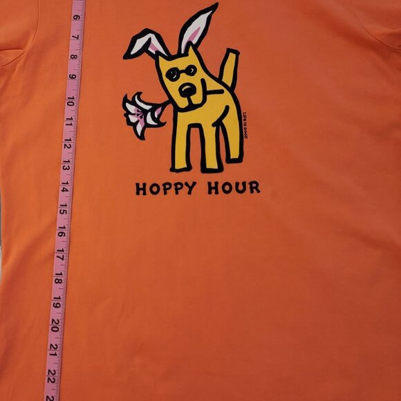 Life Is Good Shirt Women Medium Orange Hoppy Hour with Dog Holding a Lily Short - Picture 4 of 9